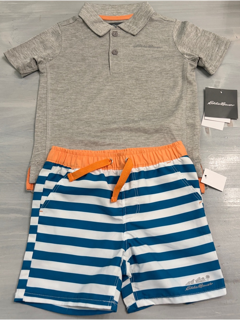 Eddie Bauer Grey Heather Polo and Orange-Trim Swim Trunks Set, 18. Mo.